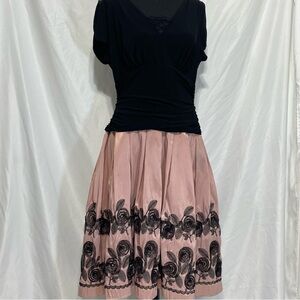 Women's Pink Midi Dress with Black Lace Embroidery